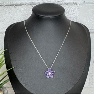925 Sterling Silver Amethyst Crystal and Clear Crystal Flower Pendant Necklace
